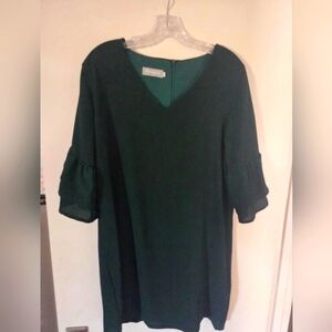 Green V-Neck Dress with Ruffle Sleeves